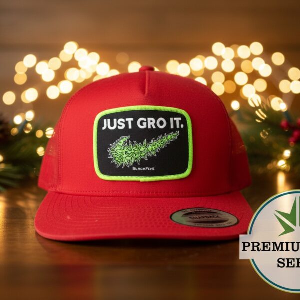 BLACK FLYS "JUST GRO IT" SNAP BACK TRUCKERS CAP, LIMITED EDITION QUALITY IMPORT (RED AUTHENTIC AND ORIGINAL)